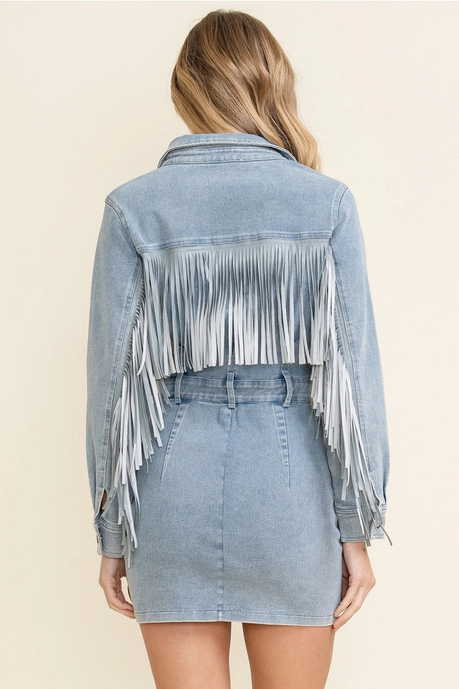Western Style Women's Denim with Fringe Button Up Mini Dress