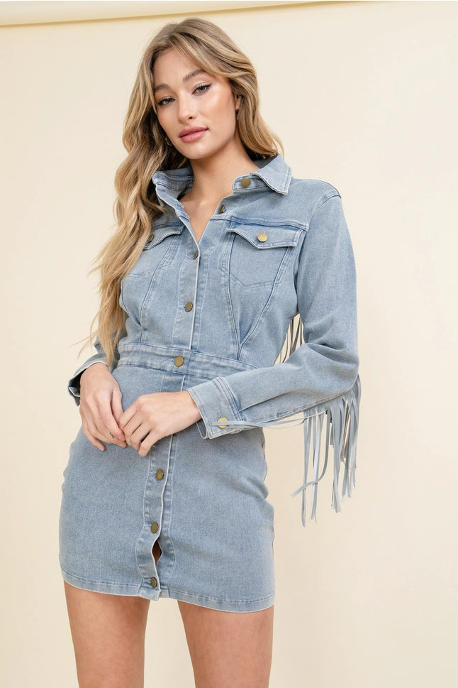 Western Style Women's pink Denim with Fringe Button Up Mini Dress denim blue