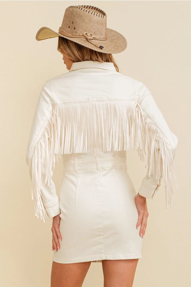 Western Style Women's Denim with Fringe Button Up Mini Dress