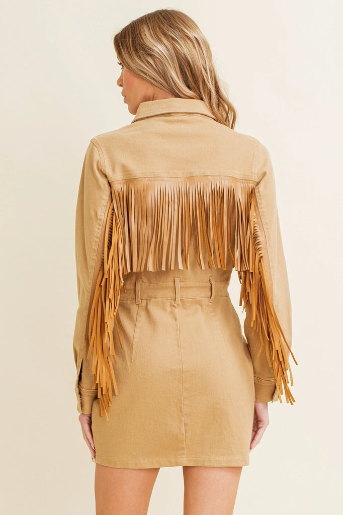 Western Style Women's Denim with Fringe Button Up Mini Dress