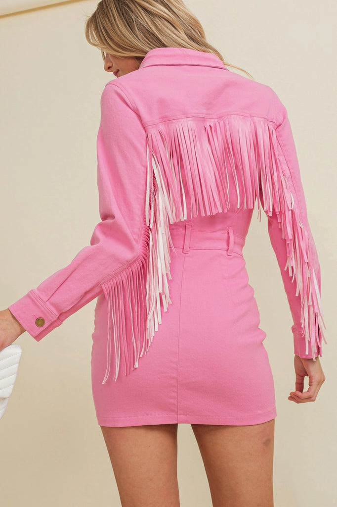 Western Style Women's Denim with Fringe Button Up Mini Dress