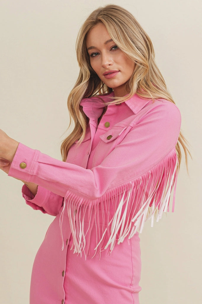 Western Style Women's Denim with Fringe Button Up Mini Dress