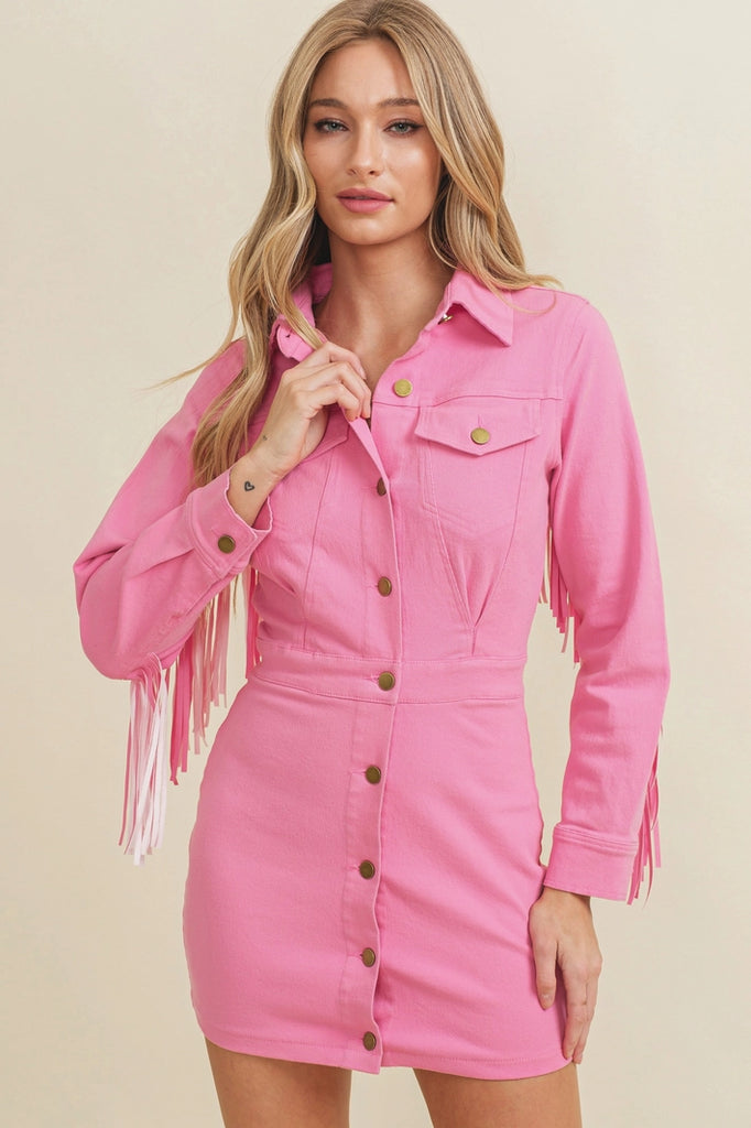 Western Style Women's Denim with Fringe Button Up Mini Dress