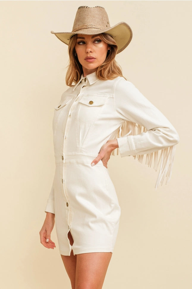 Western Style Women's Denim with Fringe Button Up Mini Dress