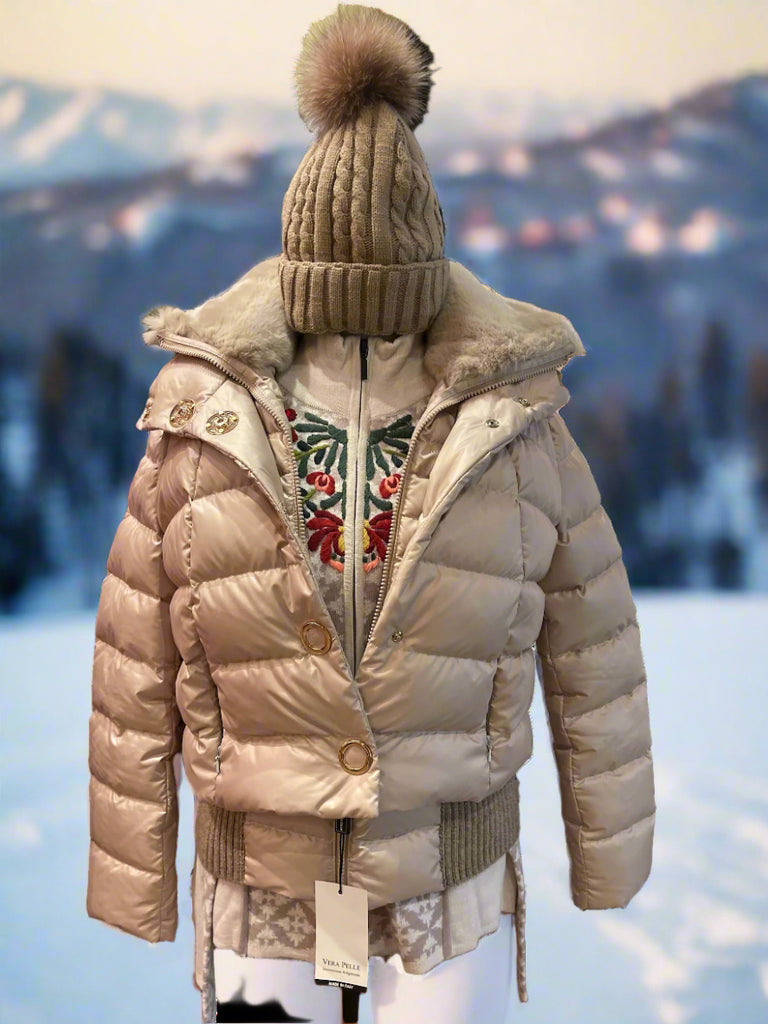 White Down Winter Bomber Jacket Made in Italian Fashion with Rex Fur Bergen of Norway