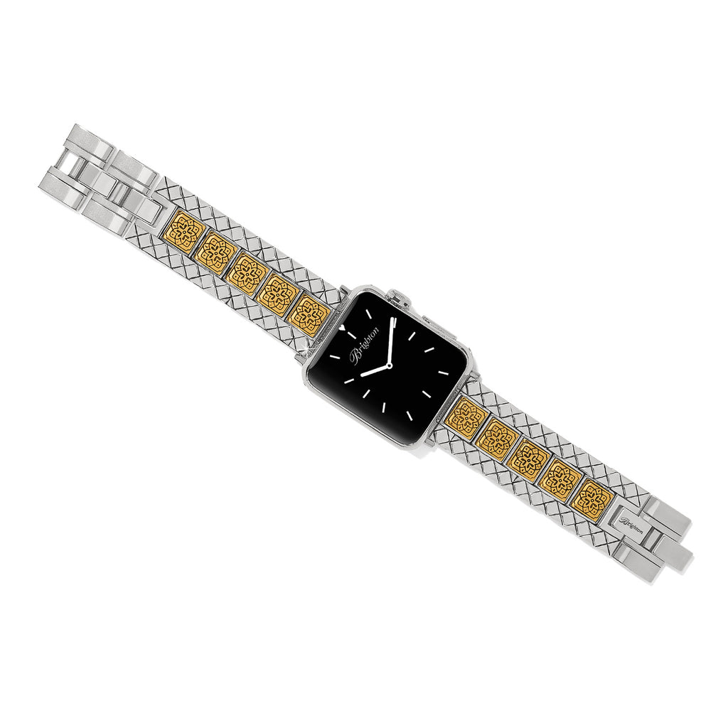 Watch with a silver and gold band on a white background