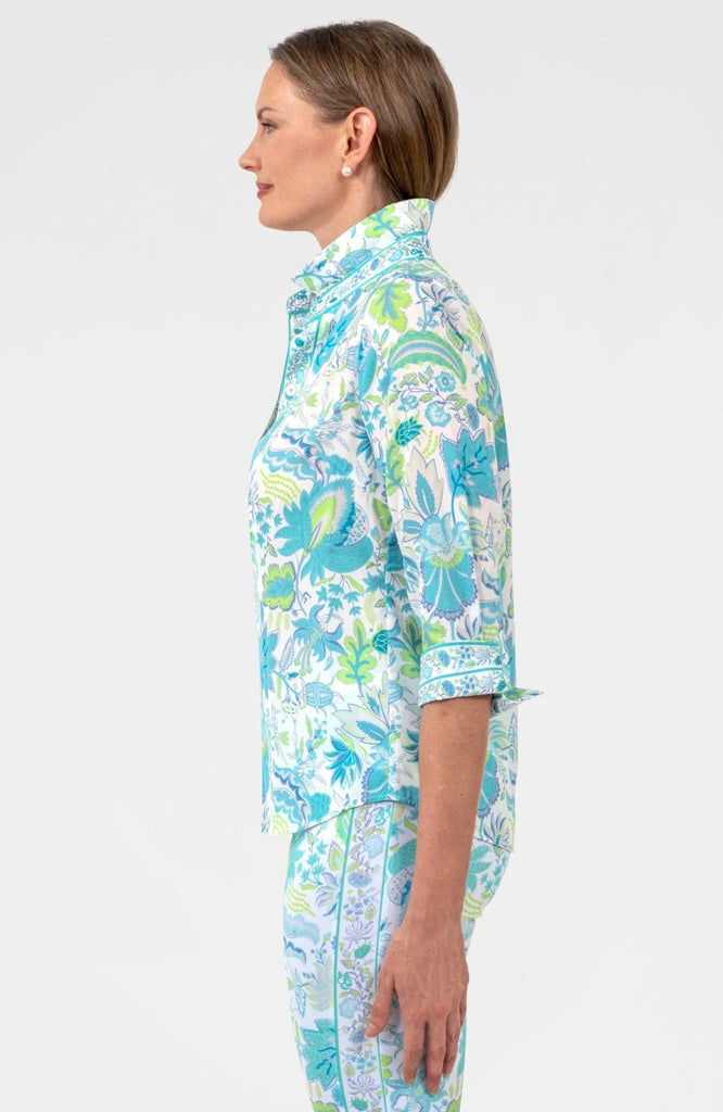 Women's Blouse in Ocean Turquoise by Gretchen Scott Boyfriend Shirt- Blooming Party