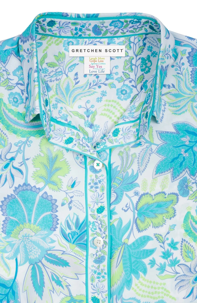 Women's Blouse in Ocean Turquoise by Gretchen Scott Boyfriend Shirt- Blooming Party