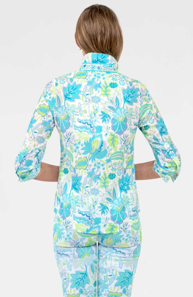 Women's Blouse in Ocean Turquoise by Gretchen Scott Boyfriend Shirt- Blooming Party