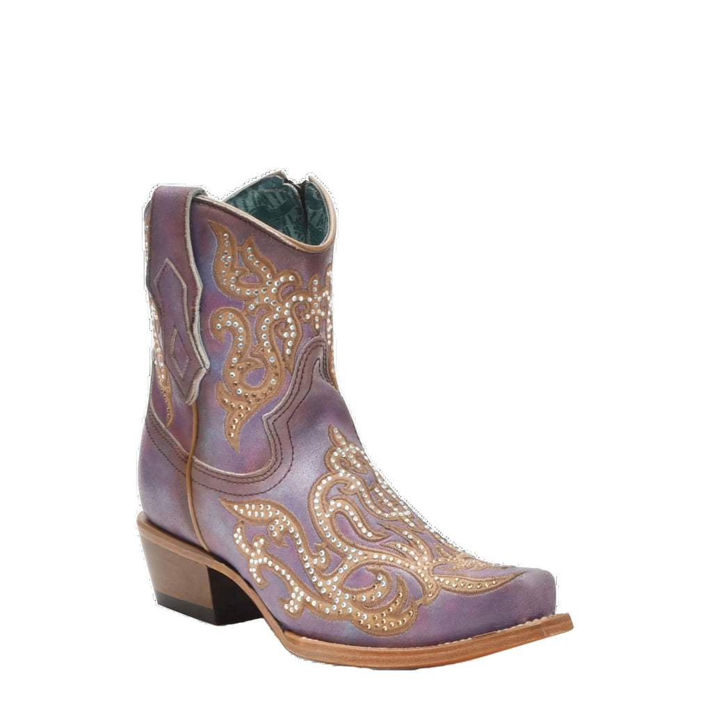 Purple cowboy boot with gold embroidery on a white background