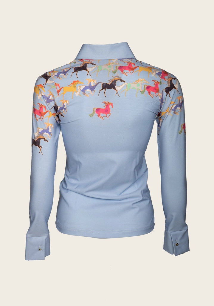 Women's Denim Running Horses Blouse Equestrian Shirt Western Style Button Shirt