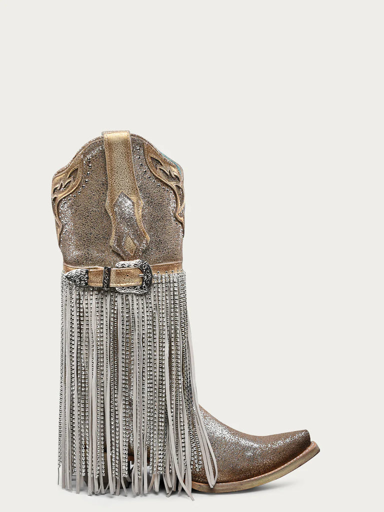 Women's Silver and Gold Metal Harness Crystal Fringe Cowboy Boots Corral A4514