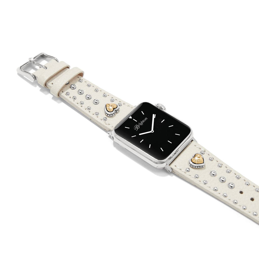 Smartwatch with a decorative white strap featuring heart and star designs on a white background