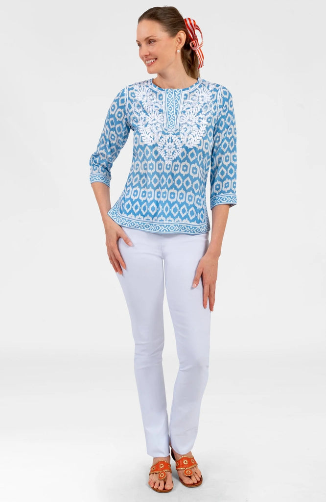 Gretchen Scott Geo Embroidered Silky Tunic Periwinkle Blue TUEMGE