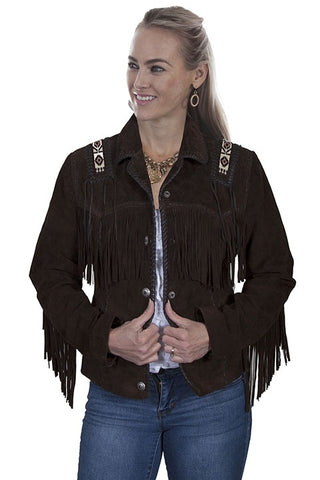 Scully Women's  Fringe Leather Jacket in Olive with Beads L152