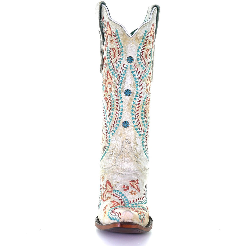 Corral Women's A3960 Cowboy Boot in White with TURQUOISE & RED EMBROIDERY & STUDS - Saratoga Saddlery & International Boutiques