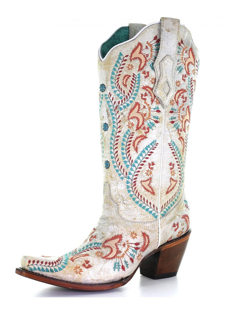 Corral Women's A3960 Cowboy Boot in White with TURQUOISE & RED EMBROIDERY & STUDS - Saratoga Saddlery & International Boutiques