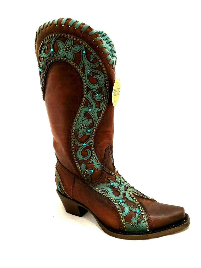 Corral Women's E1538 CHOCOLATE /TURQUOISE OVERLAY & WOVEN & CRYSTALS & STUDS - Saratoga Saddlery & International Boutiques