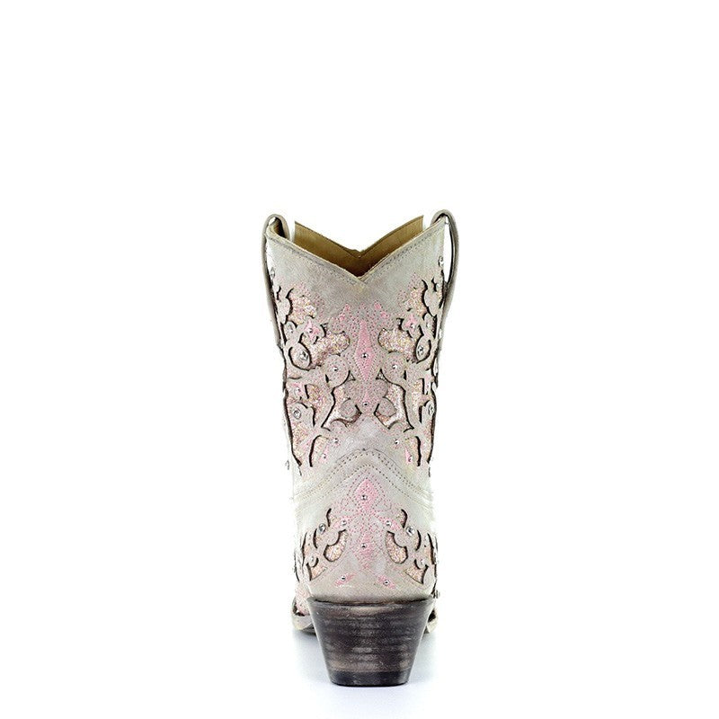 Corral Wedding Collection Women's Mariah White with Pink Glitter Inlay Shorty Boot - A3558 - Saratoga Saddlery & International Boutiques