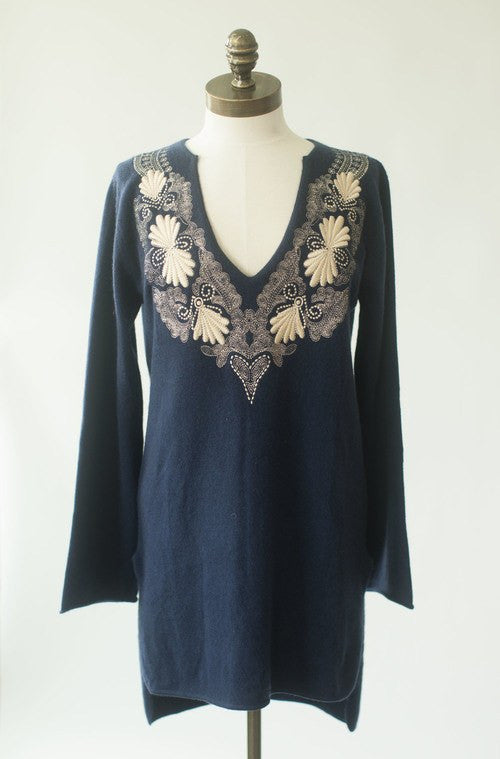 IsleField Isla Notch Neck Tunic Embroidered Top in Navy