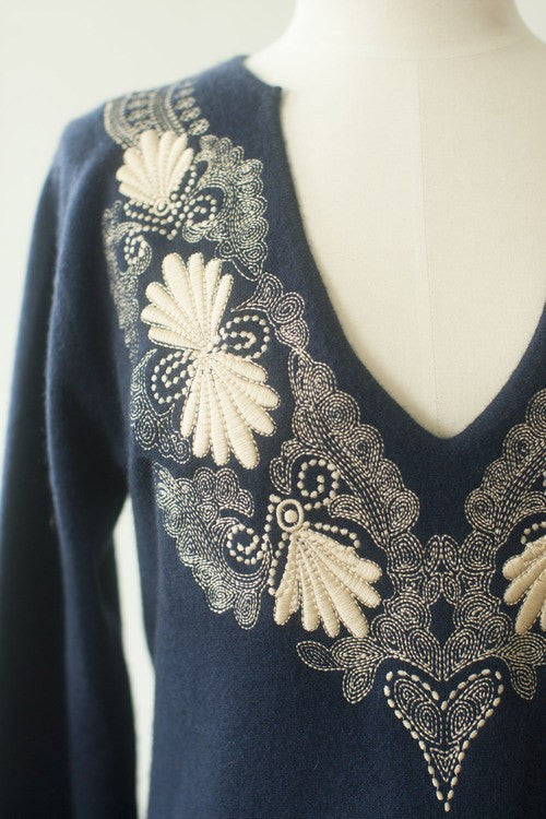 IsleField Isla Notch Neck Tunic Embroidered Top in Navy