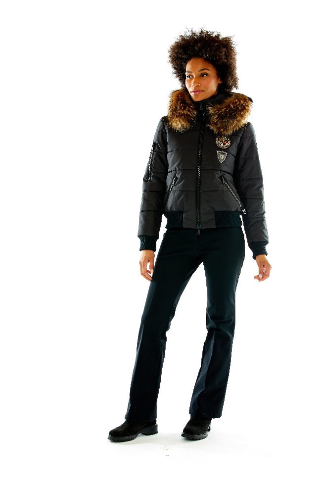 M. Miller Taryn Black Touring Patch Bomber W/ Natural Finn Raccoon SK2720-BLACK - Saratoga Saddlery & International Boutiques