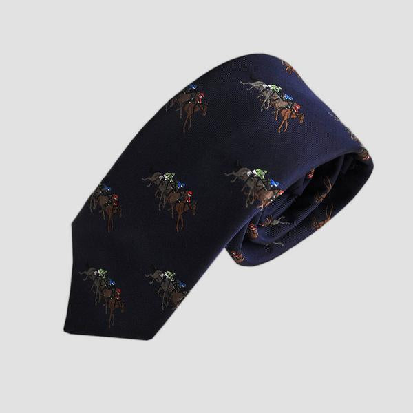 Seaward & Stearn Handmade Woven Silk Tie - At The Races - Navy - Saratoga Saddlery & International Boutiques
