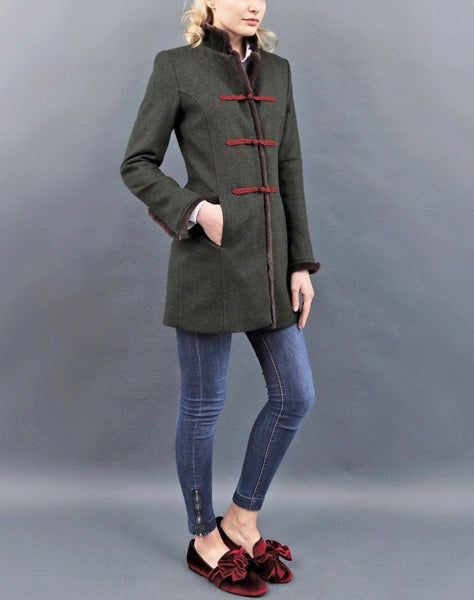 Von Dornberg Women's Indira Jacket Mink Trim in Dark Green