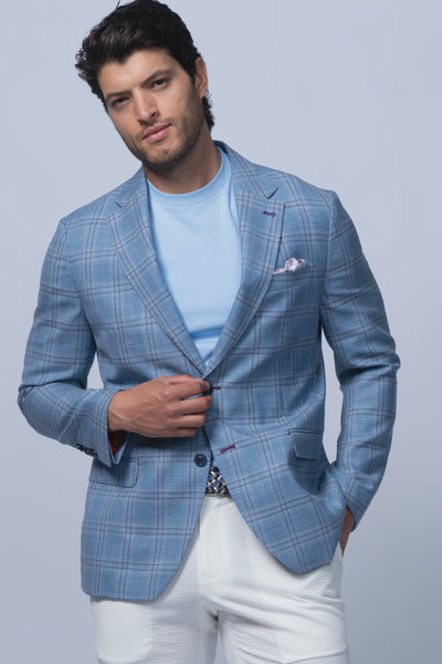 7 Downie Amalfi Blue Wool Silk Linen Check SS26
