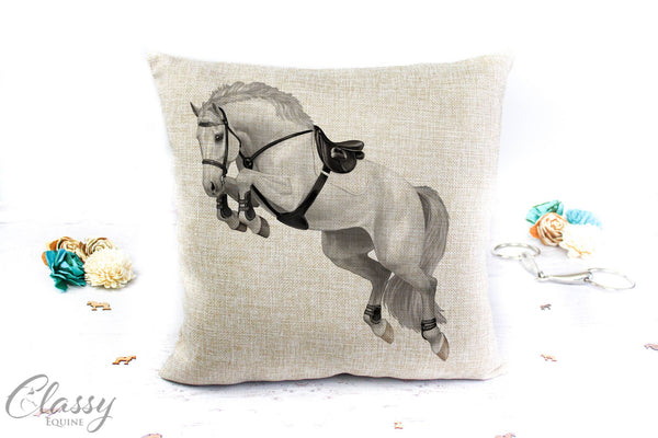 Jumping Horse Pillow Cover - Hunter Jumper Equestrian Decor: White Light Gray
