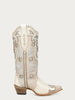 White embroidered cowboy boot on a light gray background