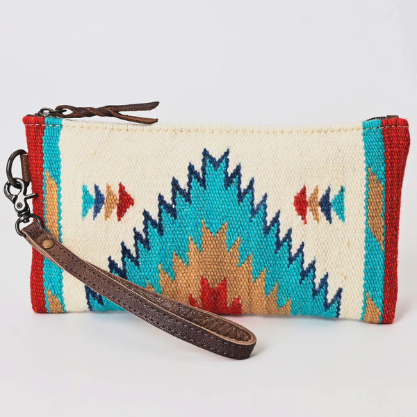 American Darling ADB344B Southwestern Wool Wristlet Clutch with Tribal Pattern and Leather Strap SS26