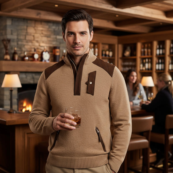 Beige cashmere men's sweater with brown accents on a white background
