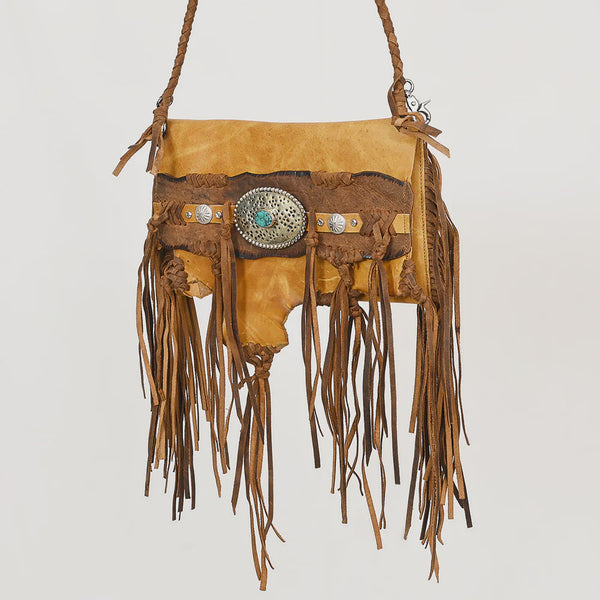 American Darling ADBGM474 Western Fringe Leather Crossbody Bag - Rawhide Style with Turquoise Concho & Braided Strap SS26