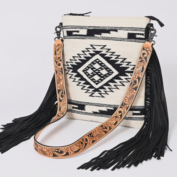 American Darling ADBGS192CA Wool Large Crossbody Bag with Tooled Leather Strap and Fringe - Western Boho Purse SS26