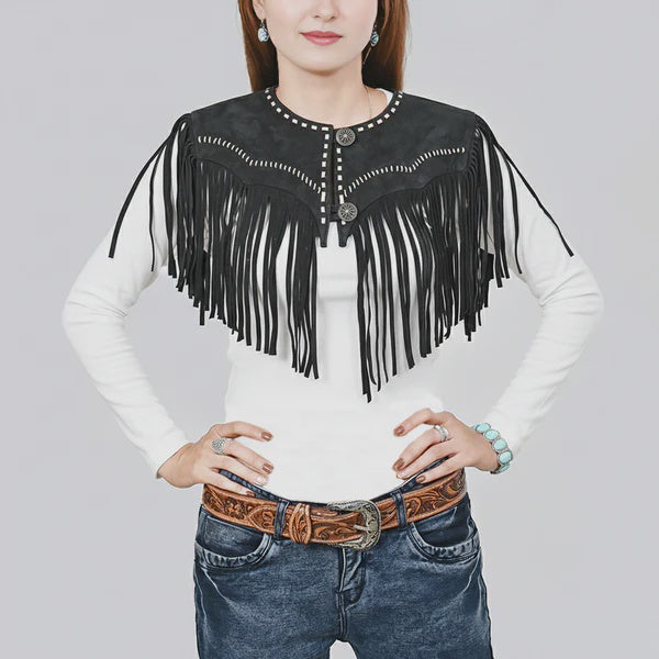 American Darling Black Suede Leather Fringe Cape Concho Vest ADDR023A SS26