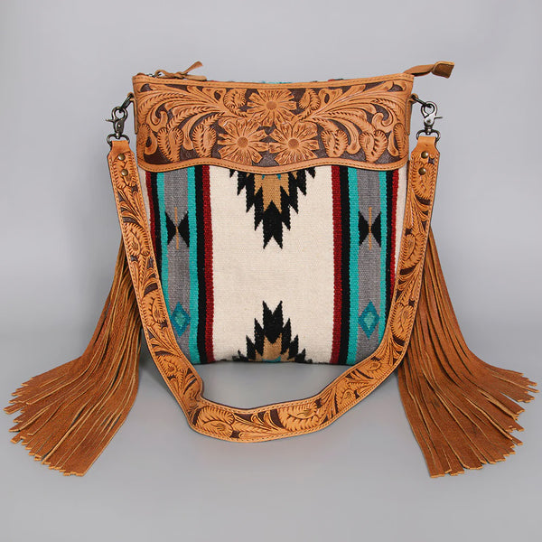 American Darling Large Cross body Bag  Leather & Woven Saddle Blanket with Fringes ADBG210 SS26