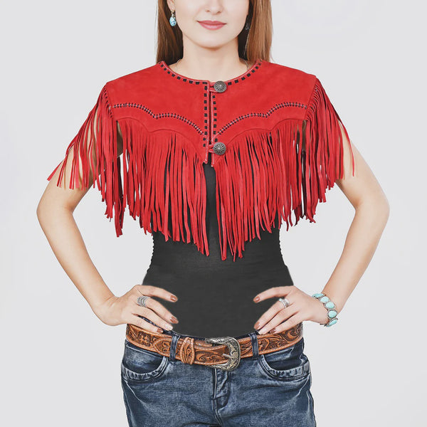 American Darling Red Suede Leather Cape Fringe Concho Top ADDR023 SS26