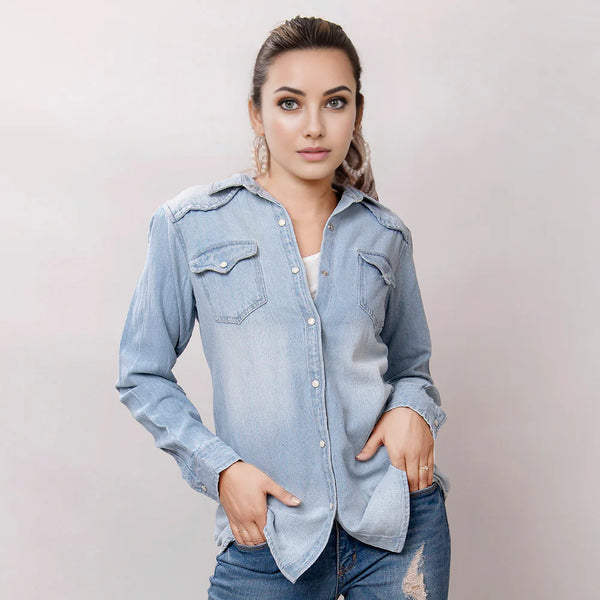 American Darling LC-ADSH016 Genuine Leather Women Denim Shirt SS25 - Saratoga Saddlery & International Boutiques