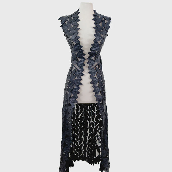 Belgian Francis LONG MAXI Leaf Leather VEST in BLACK SS2425