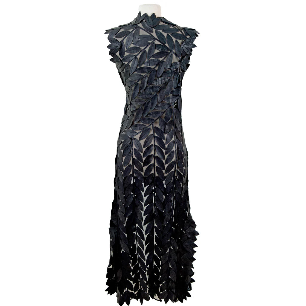 Belgian Francis Leaf Design Leather Maxi VEST in BLACK