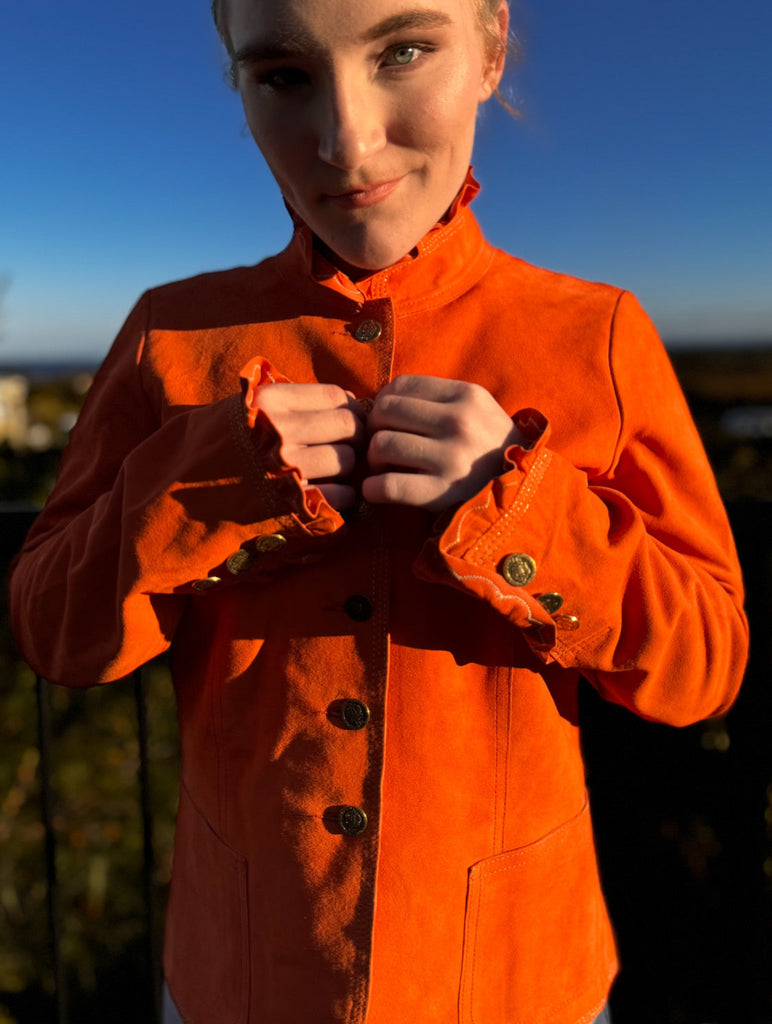 Bergen of Norway Women's Ruffle Leather Jacket in Deep Orange Hermes like Color 