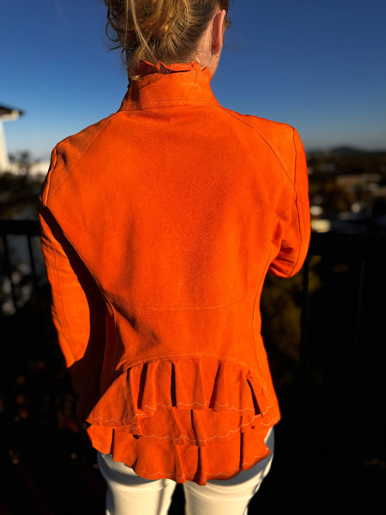 Bergen of Norway Women's Ruffle Leather Jacket in Deep Orange Hermes like Color 