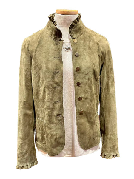 Bergen of Norway Women's Ruffle Suede Olive classy Leather Jacket