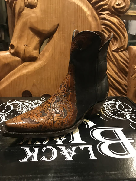 Black Jack Women's Black Brown Short Ankle Boots Hand-tooled Made in the USA style LBBHTP 22854 0841