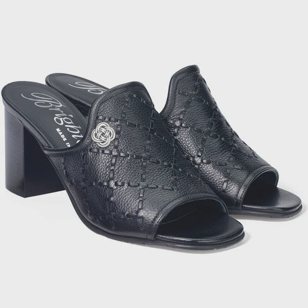 Black high-heeled mules with open toes on a light gray background