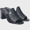 Black high-heeled mules with open toes on a light gray background
