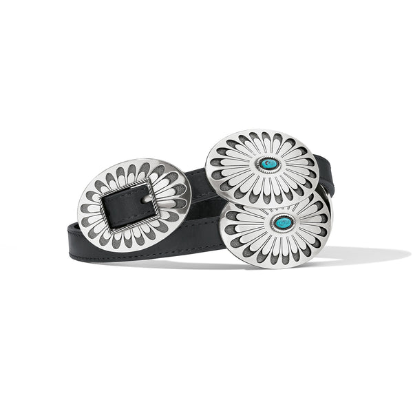 Brighton Blackbird Silver Turquoise Concho Black Leather Belt B60453 - Saratoga Saddlery & International Boutiques