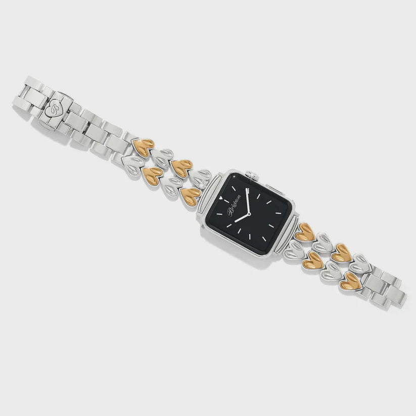 Silver and gold watch with a black face on a white background