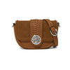 Brown leather handbag with decorative emblem on a white background